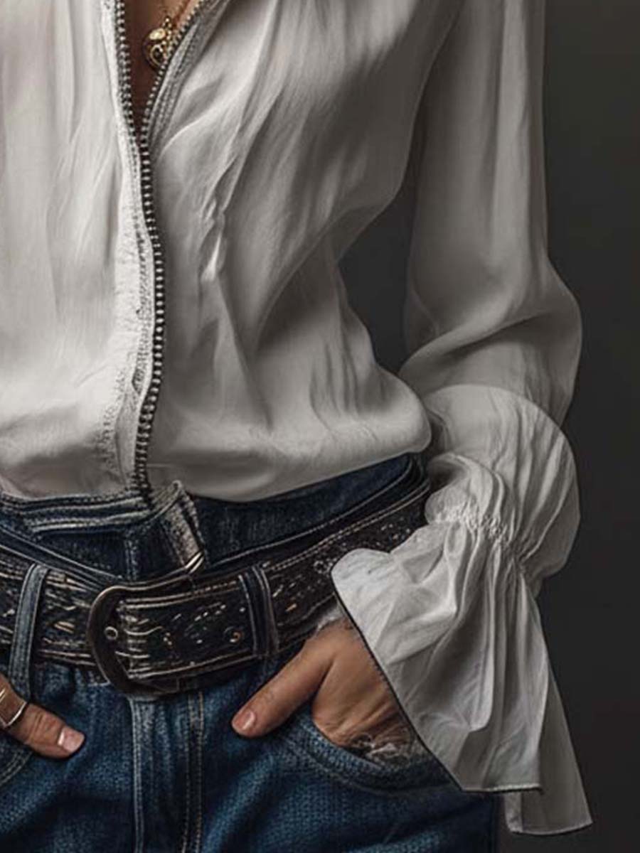White Puff Sleeve Blouse with Zip Detail