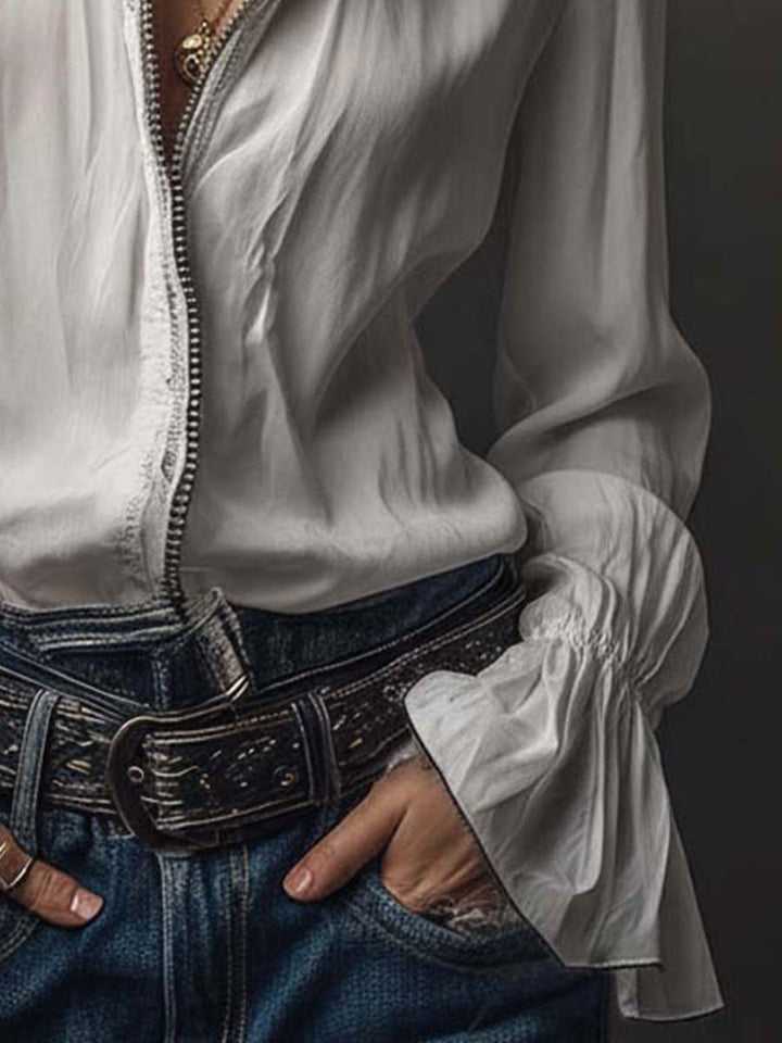 White Puff Sleeve Blouse with Zip Detail