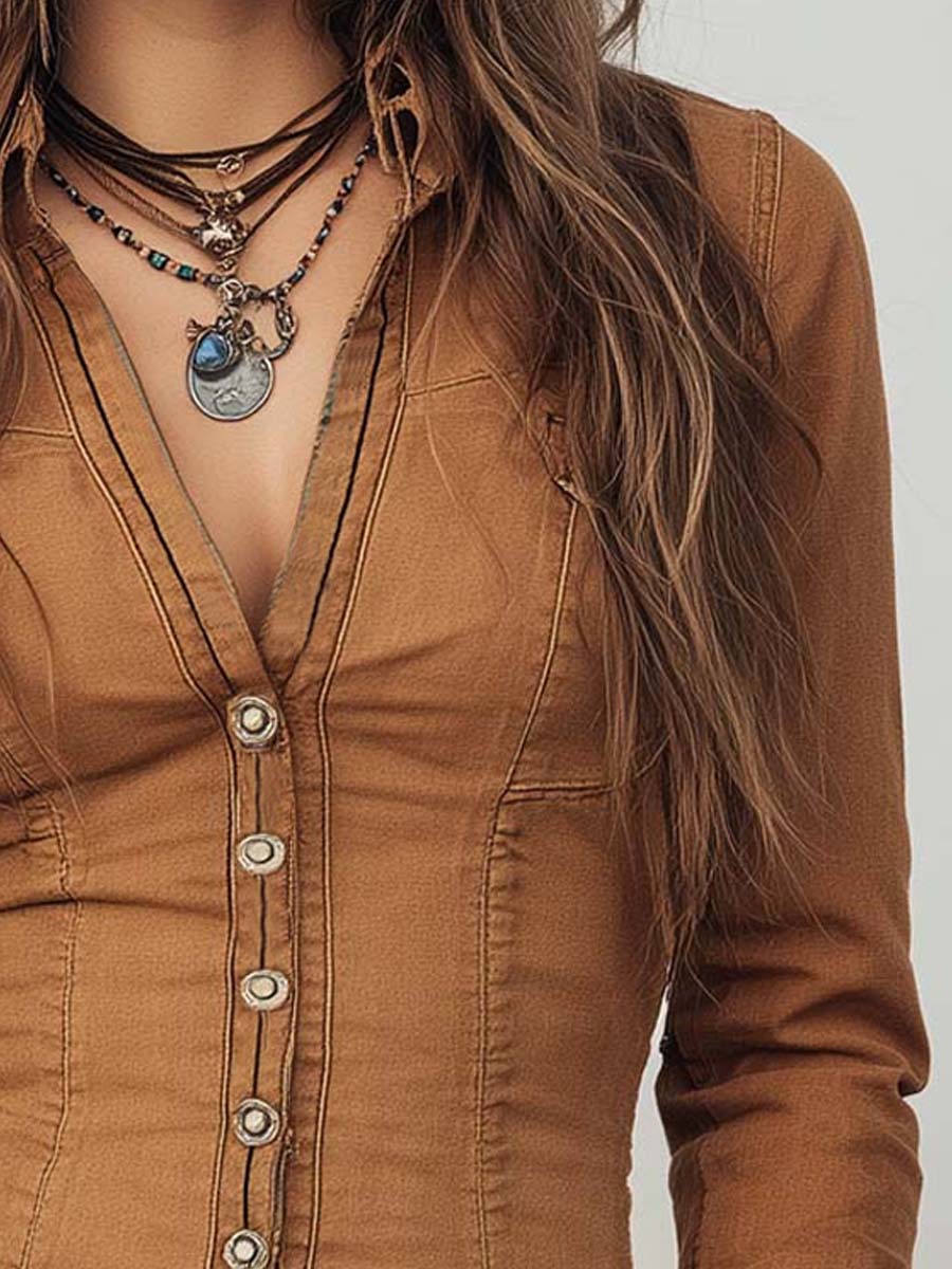 Retro Camel Shirt Featuring Contrast Stitch Details