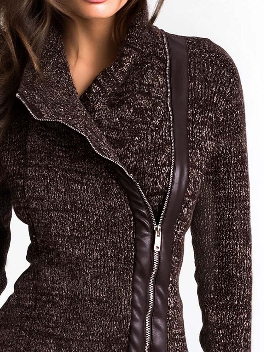 Brown Ribbed Asymmetrical Short Zip Jacket