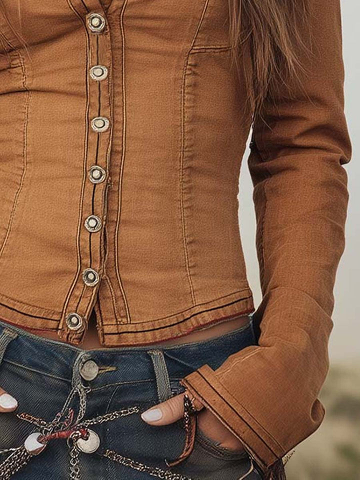 Retro Camel Shirt Featuring Contrast Stitch Details