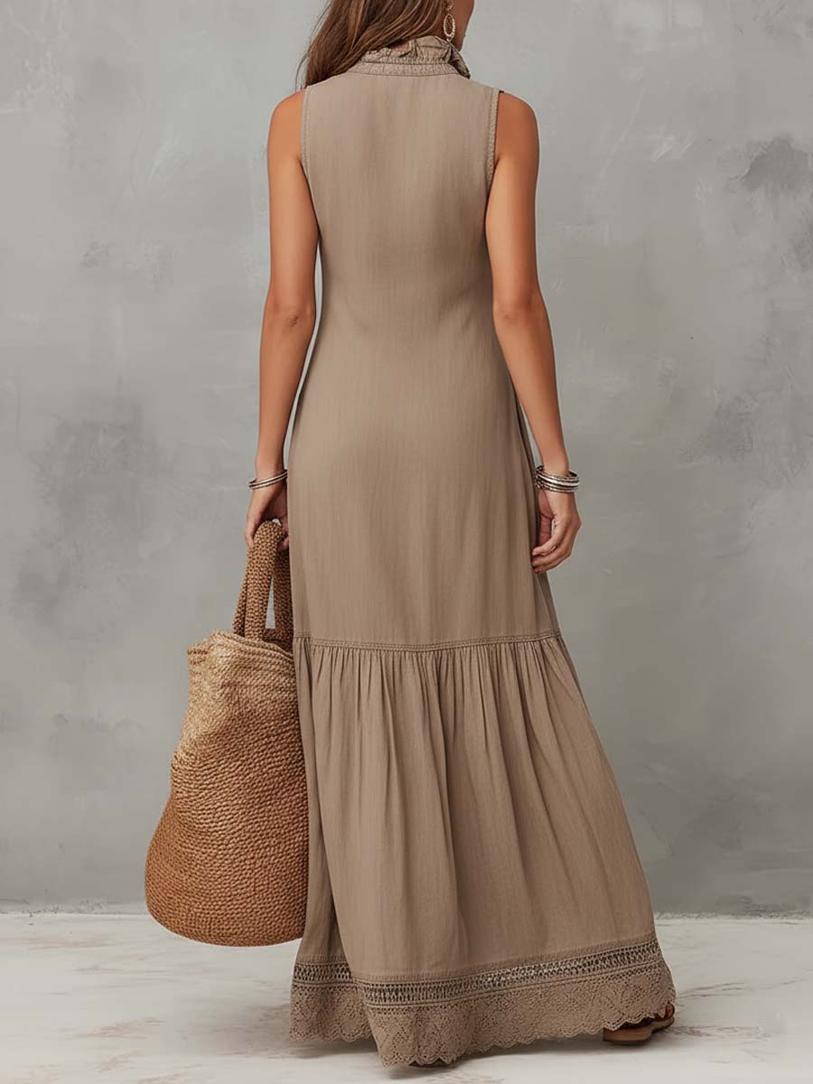 Timeless Khaki Sleeveless Maxi Dress Crafted from 100% Cotton