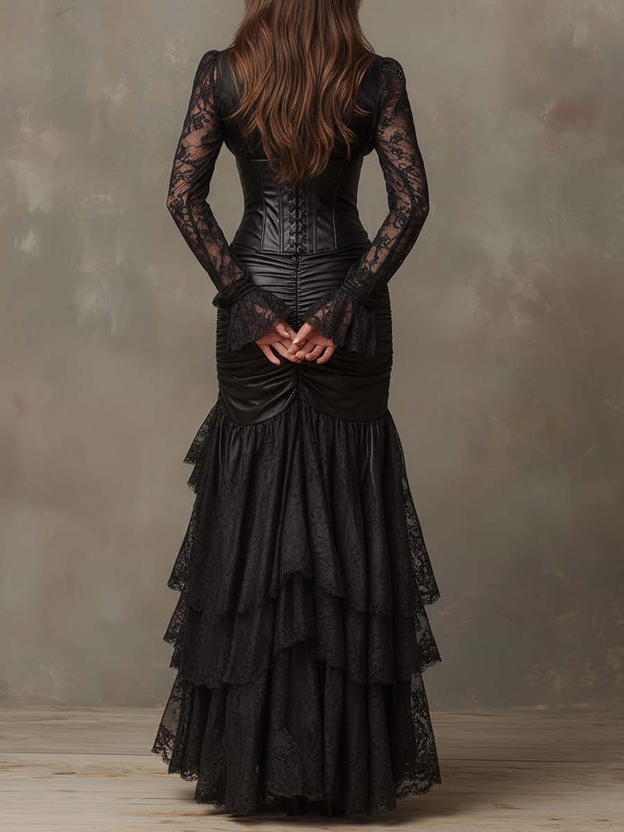 Maxi Dress in Black Faux Leather Featuring Lace Sleeves