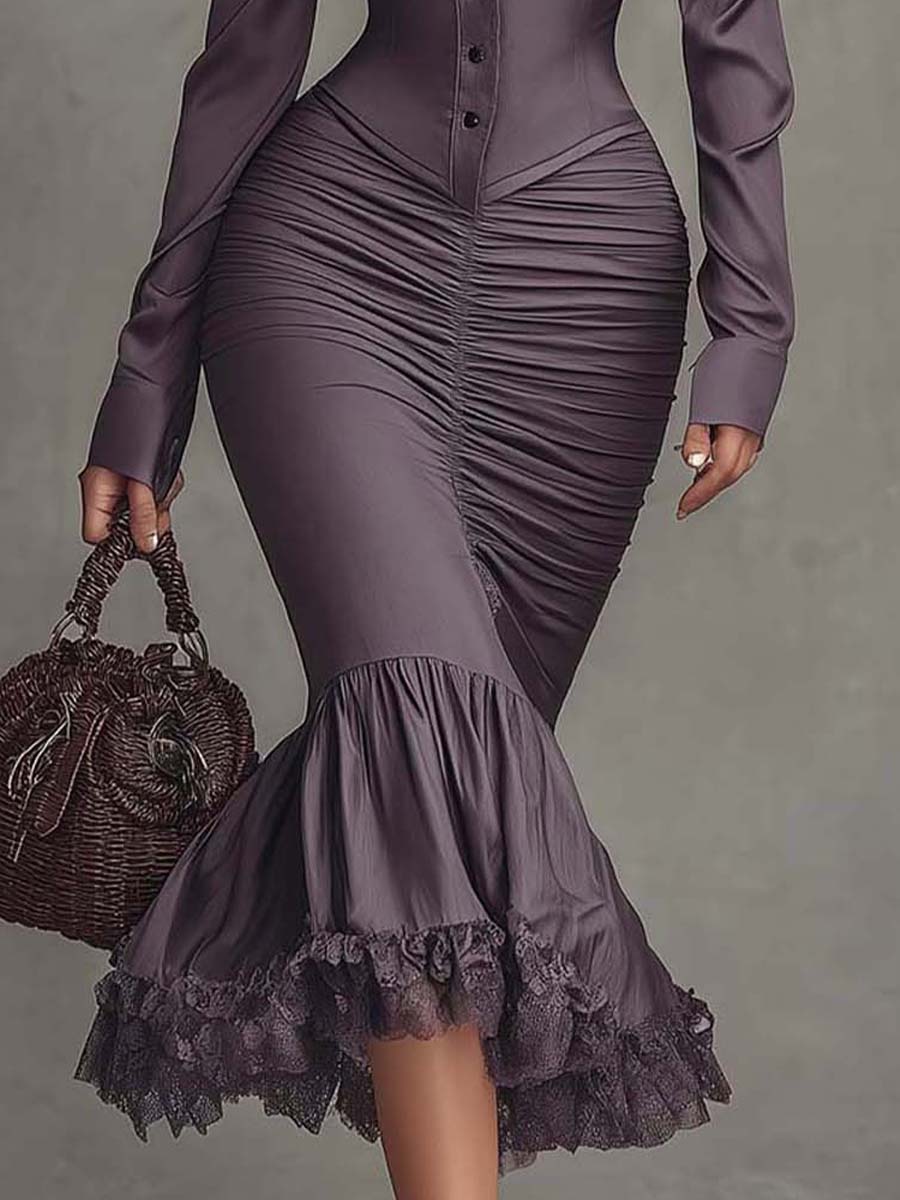 Dusty Purple Midi Satin Dress with Lace Accents