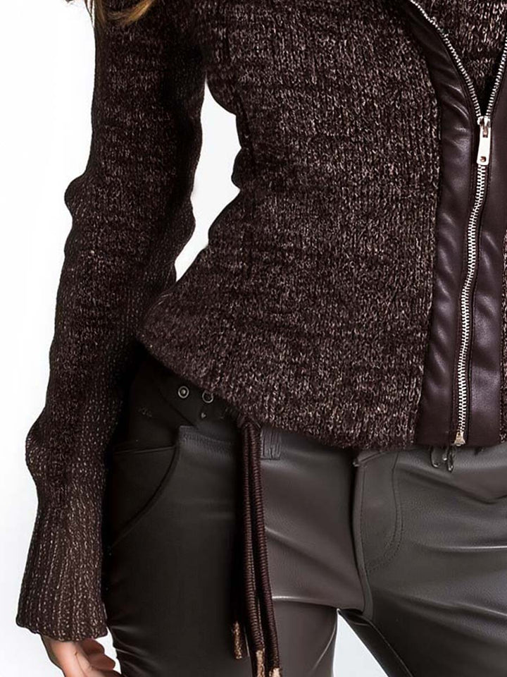 Brown Ribbed Asymmetrical Short Zip Jacket