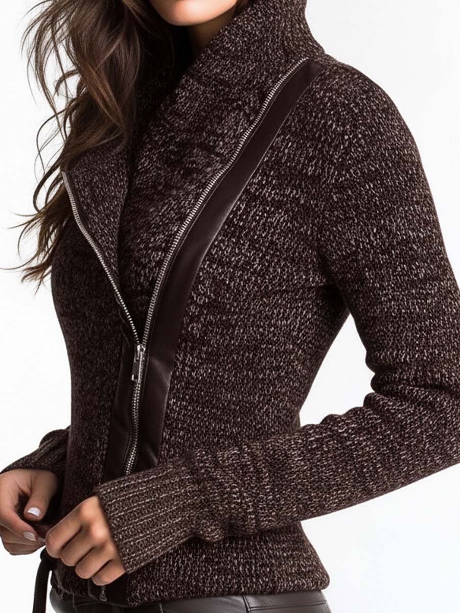 Ribbed Brown Asymmetrical Zip Jacket
