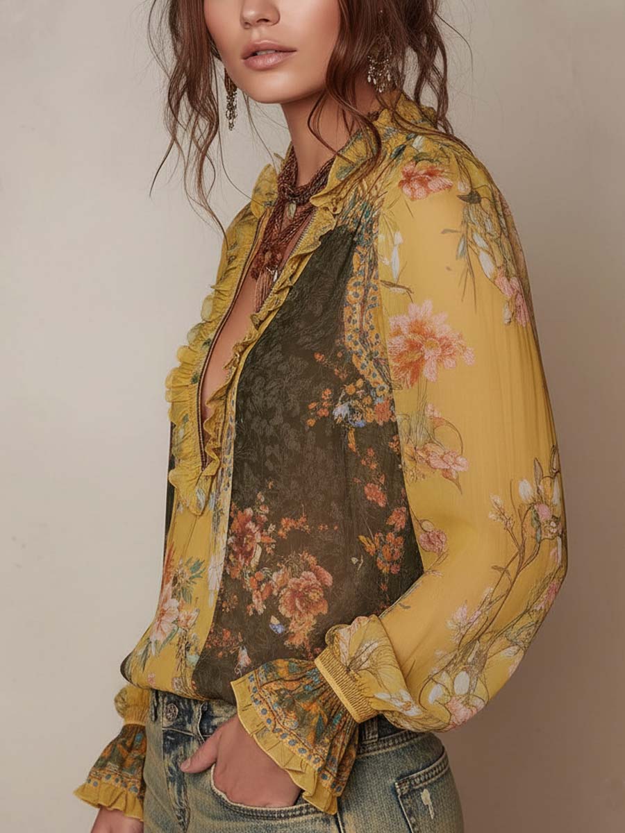 Striped Floral Satin Blouse with Zipper Detail