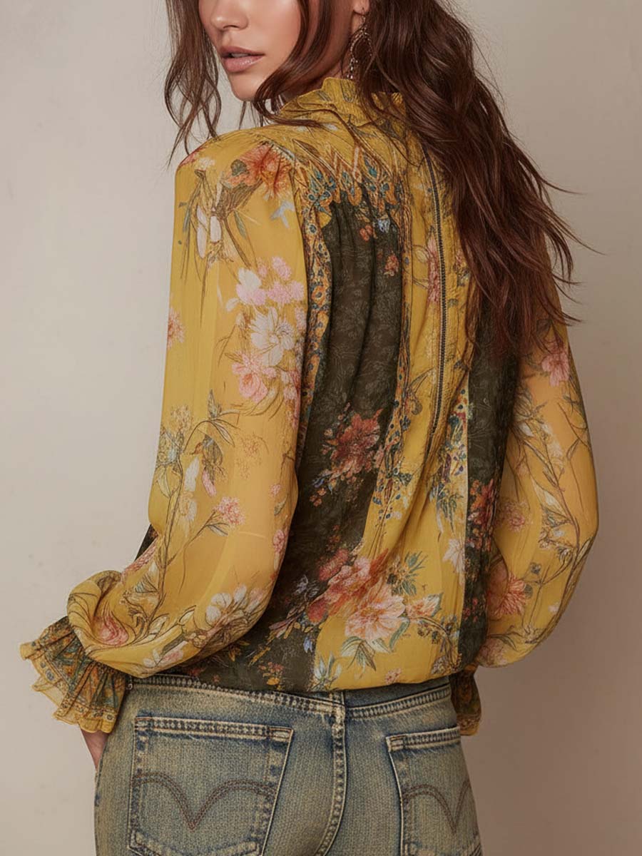 Striped Floral Satin Blouse with Zipper Detail