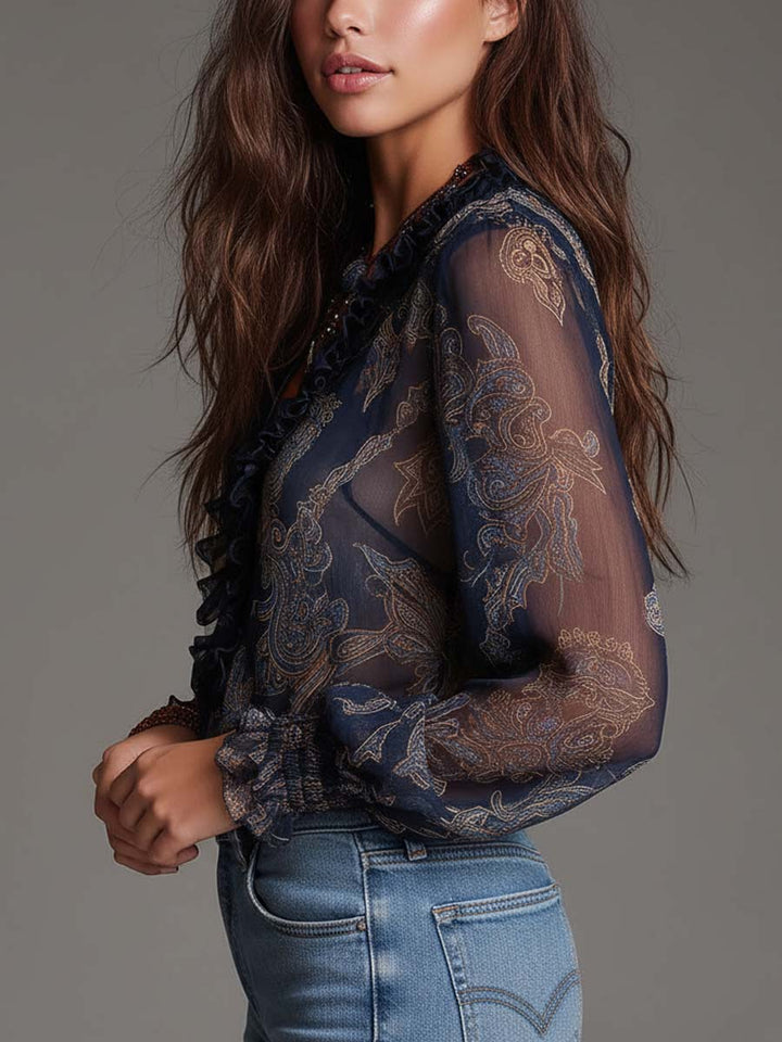 Paisley-Printed Nautical Baroque Chiffon Zip Blouse