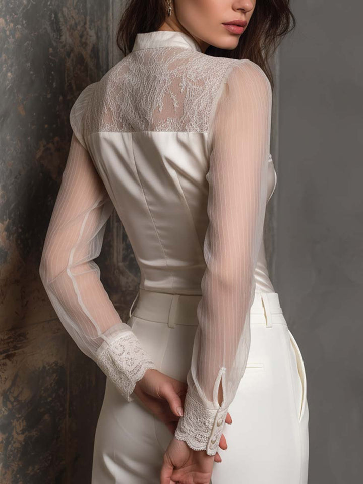 Elegant Satin Blouse with Lace and Sheer Sleeves