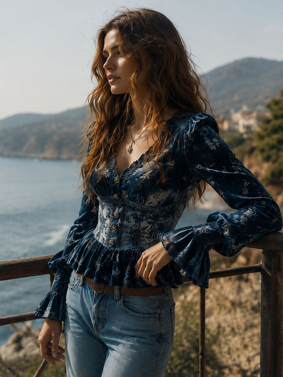 Retro Floral Corset-Style Blouse in Blue Velvet