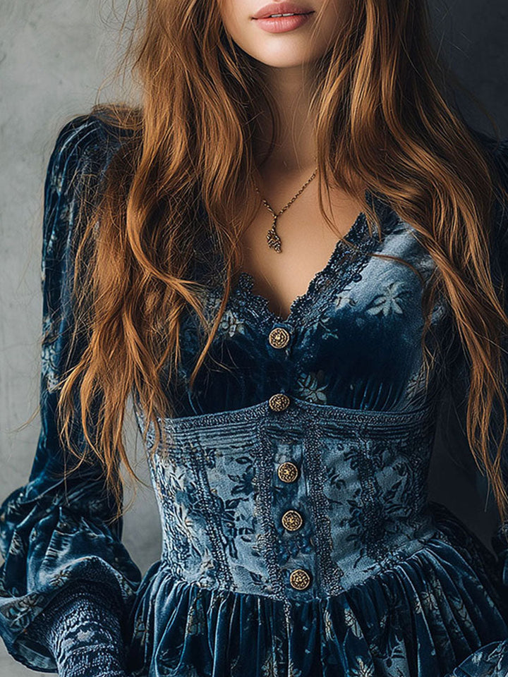 Retro Floral Corset-Style Blouse in Blue Velvet