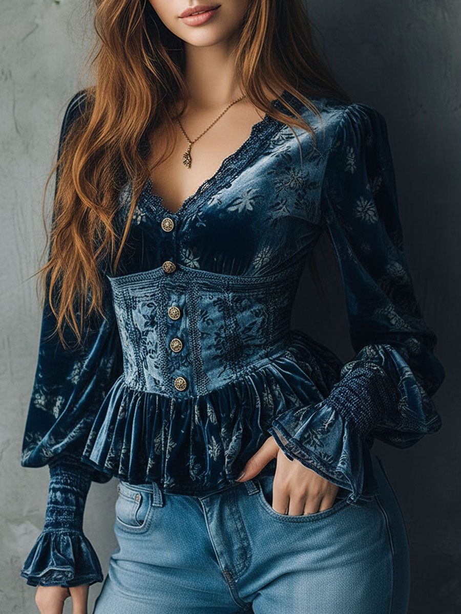 Retro Floral Corset-Style Blouse in Blue Velvet