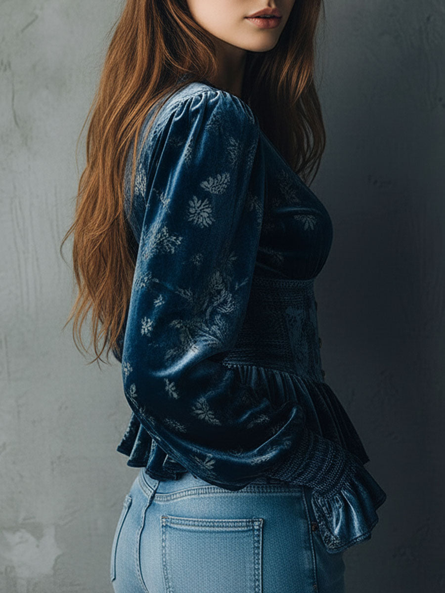 Retro Floral Corset-Style Blouse in Blue Velvet