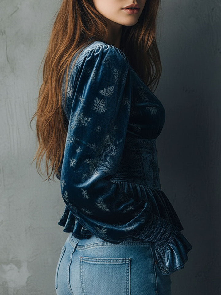 Retro Floral Corset-Style Blouse in Blue Velvet