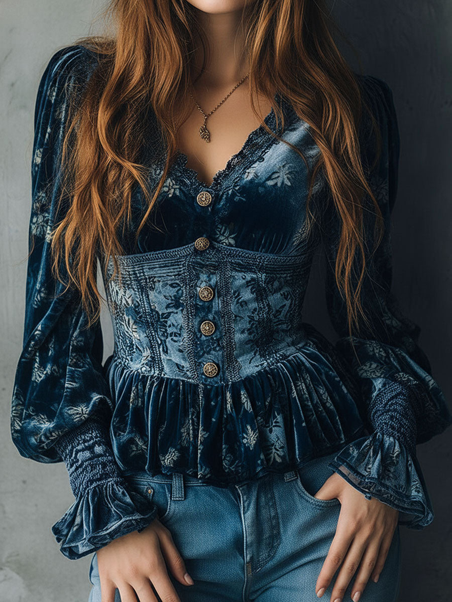 Retro Floral Corset-Style Blouse in Blue Velvet