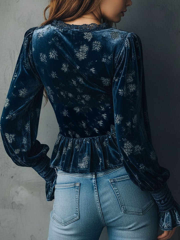 Retro Floral Corset-Style Blouse in Blue Velvet