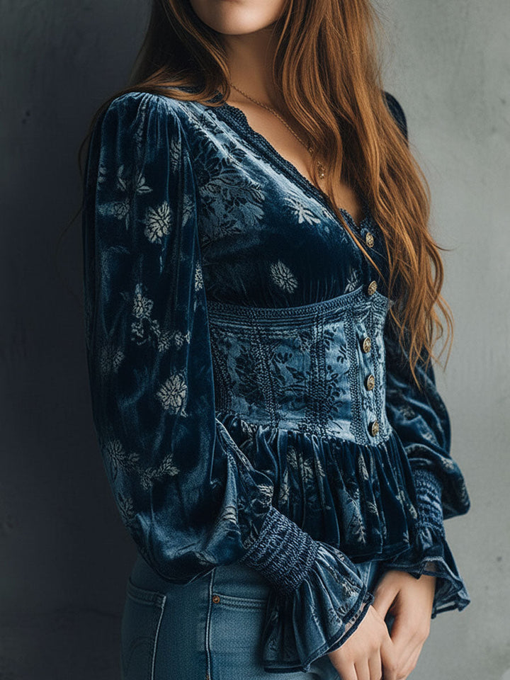 Retro Floral Corset-Style Blouse in Blue Velvet