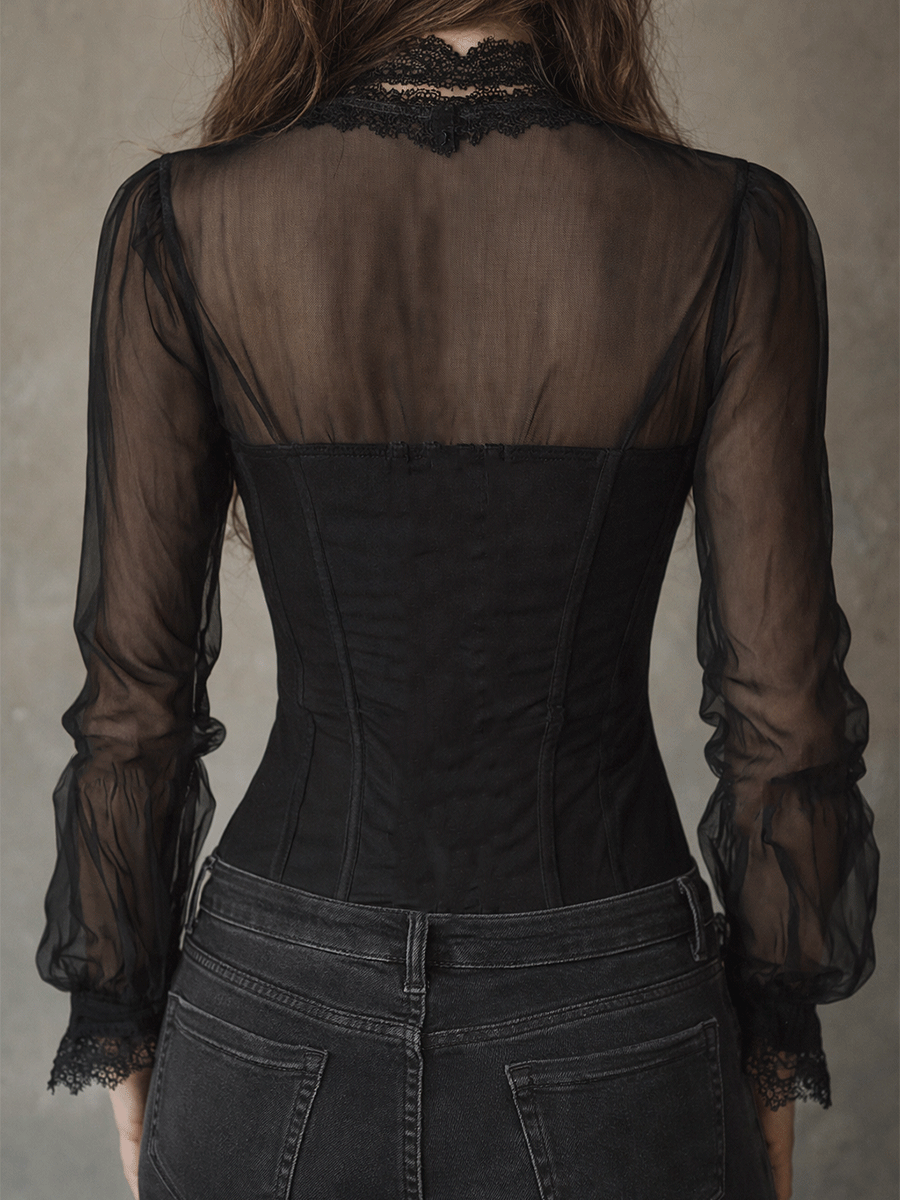 Retro Elegant Black Sheer Lace Corset Top