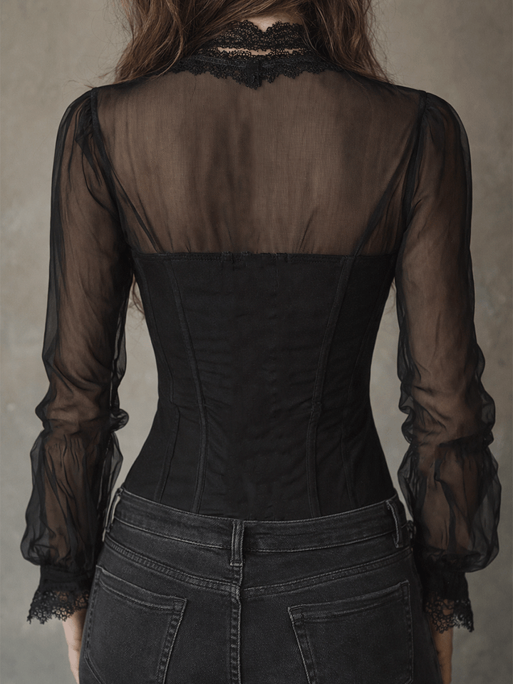 Retro Elegant Black Sheer Lace Corset Top