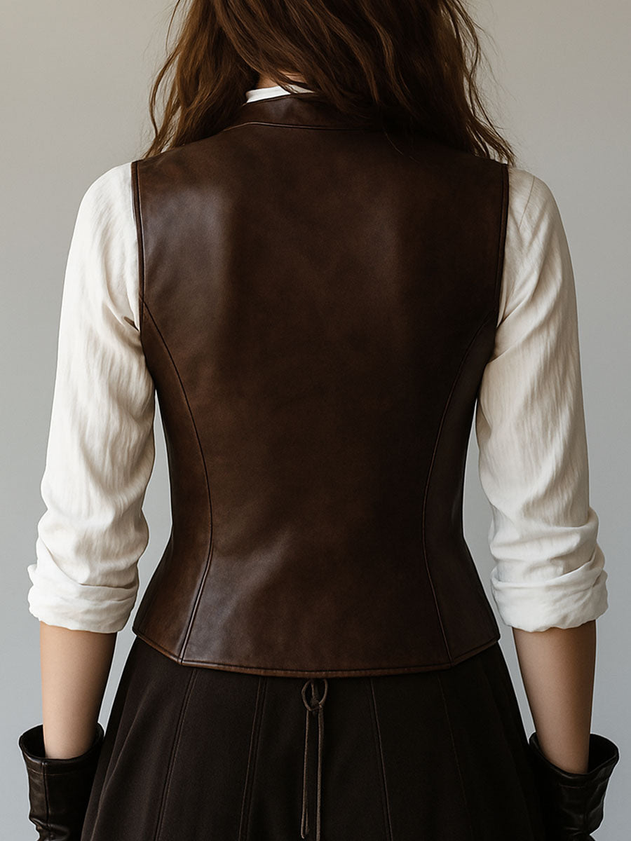Vintage-Inspired Slim Fit Leather Gilet with Button Details