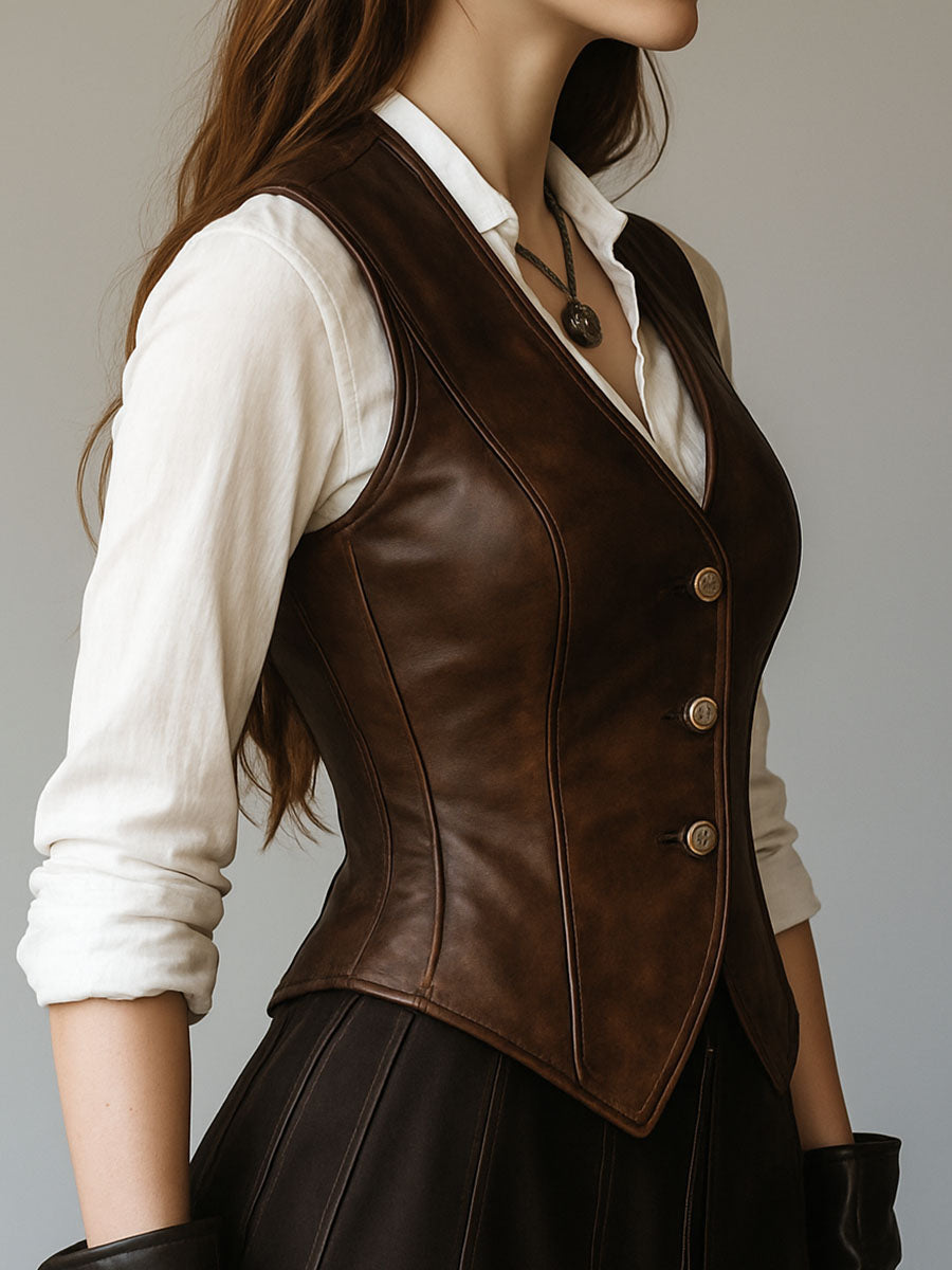 Vintage-Inspired Slim Fit Leather Gilet with Button Details