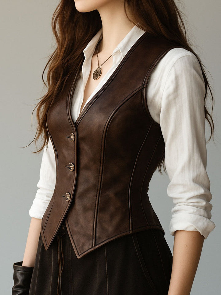 Vintage-Inspired Slim Fit Leather Gilet with Button Details