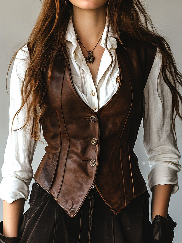Vintage-Inspired Slim Fit Leather Gilet with Button Details