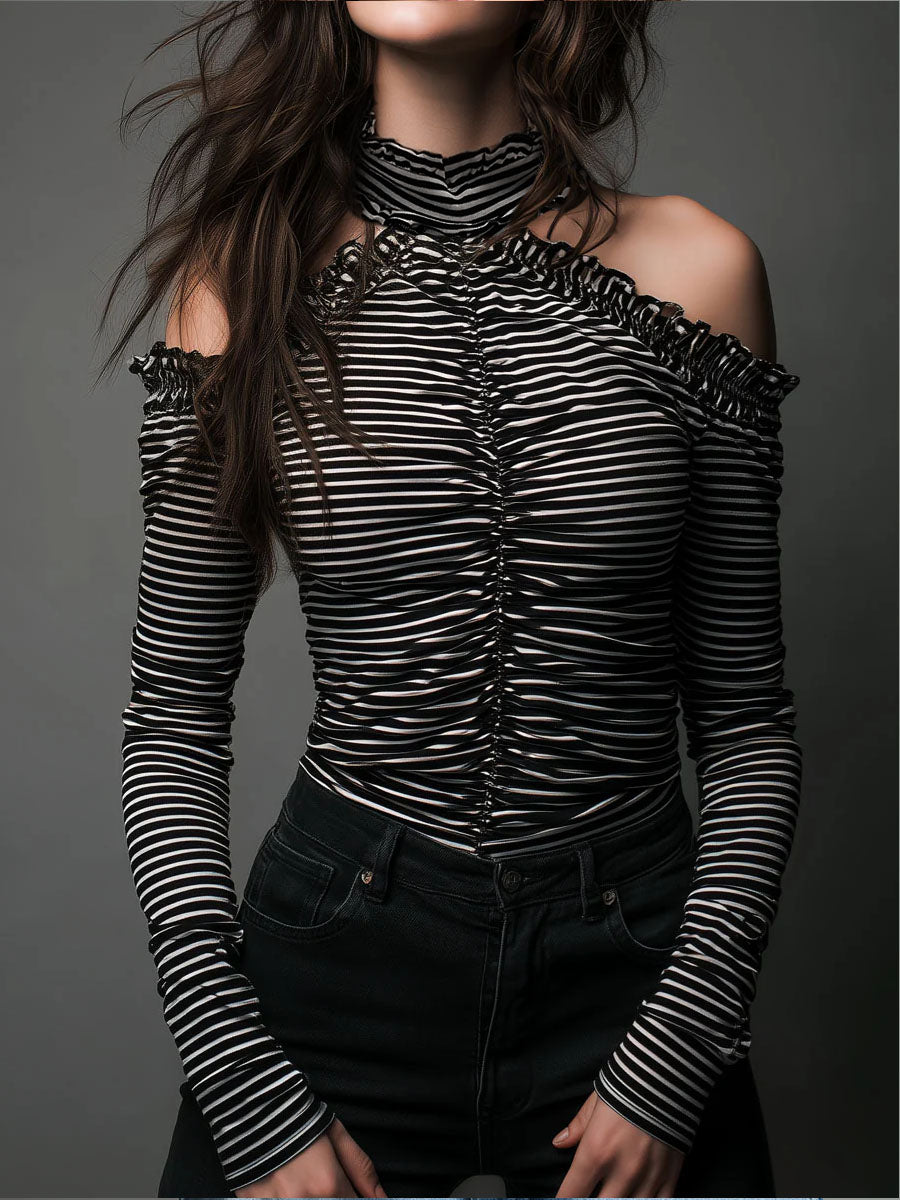Classic Striped High Neck Top with Open Shoulder Design