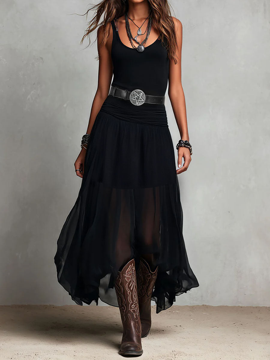 Black Bohemian Western Maxi Dress with Sheer Overlay