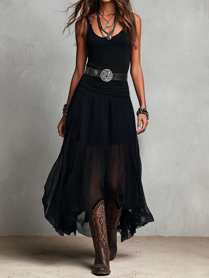 Black Bohemian Western Maxi Dress with Sheer Overlay
