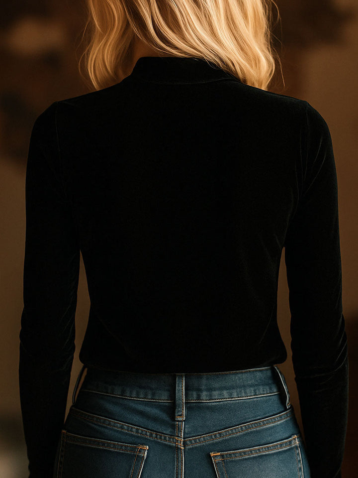Chic V-Neck Velour Top with Embroidered Accents