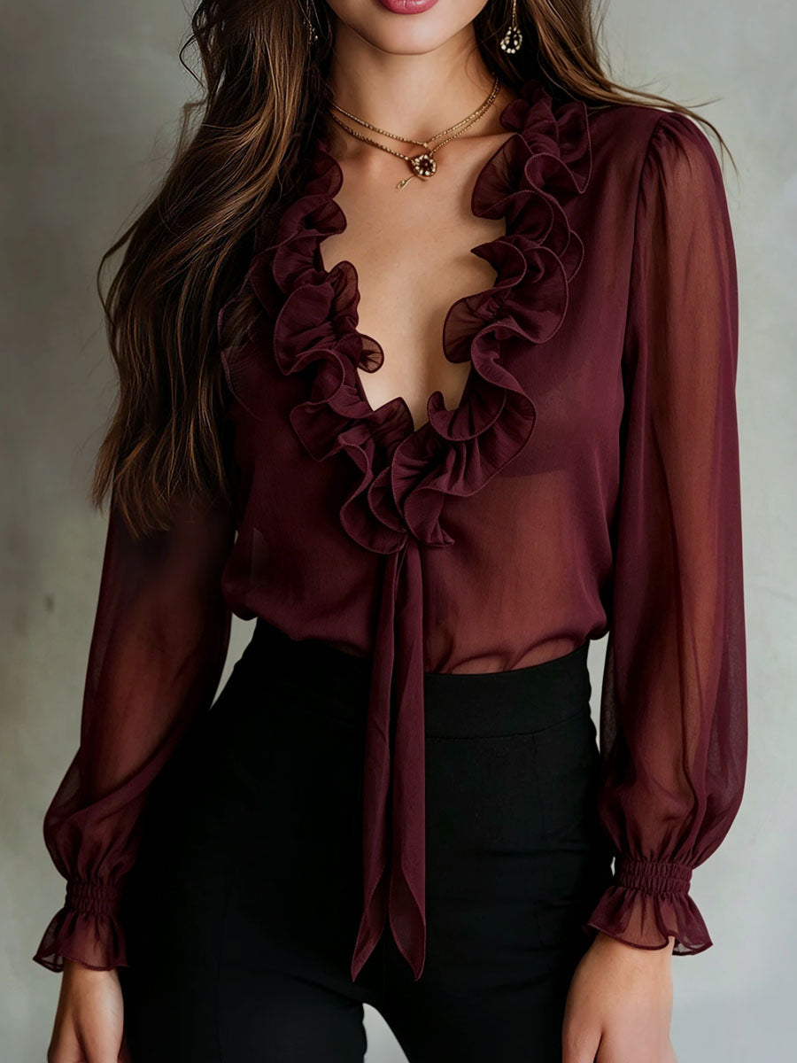 Vintage-Inspired Sheer Blouse with Pleated Details and Front Tie
