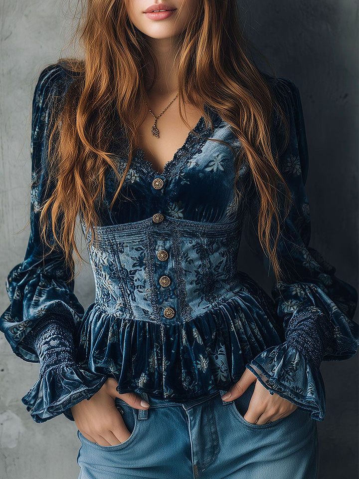 Retro Floral Corset-Style Blouse in Blue Velvet