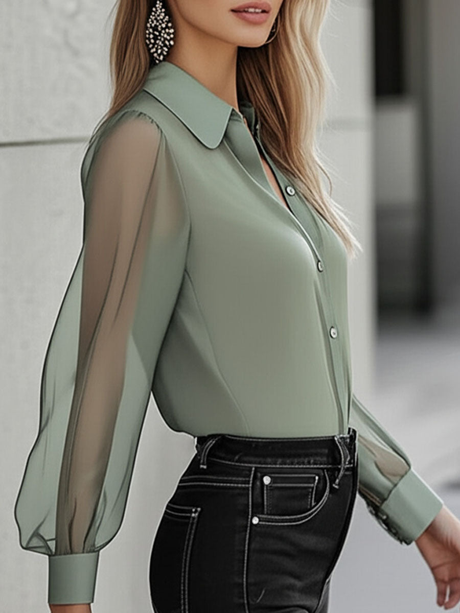 Chic Top with Sheer Sleeves and Button Details - Classic Elegance