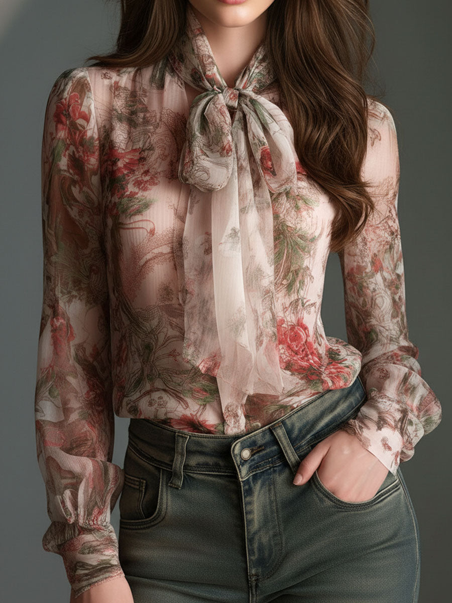 Vintage-Inspired Satin Blouse with Floral Design and Bow Detail