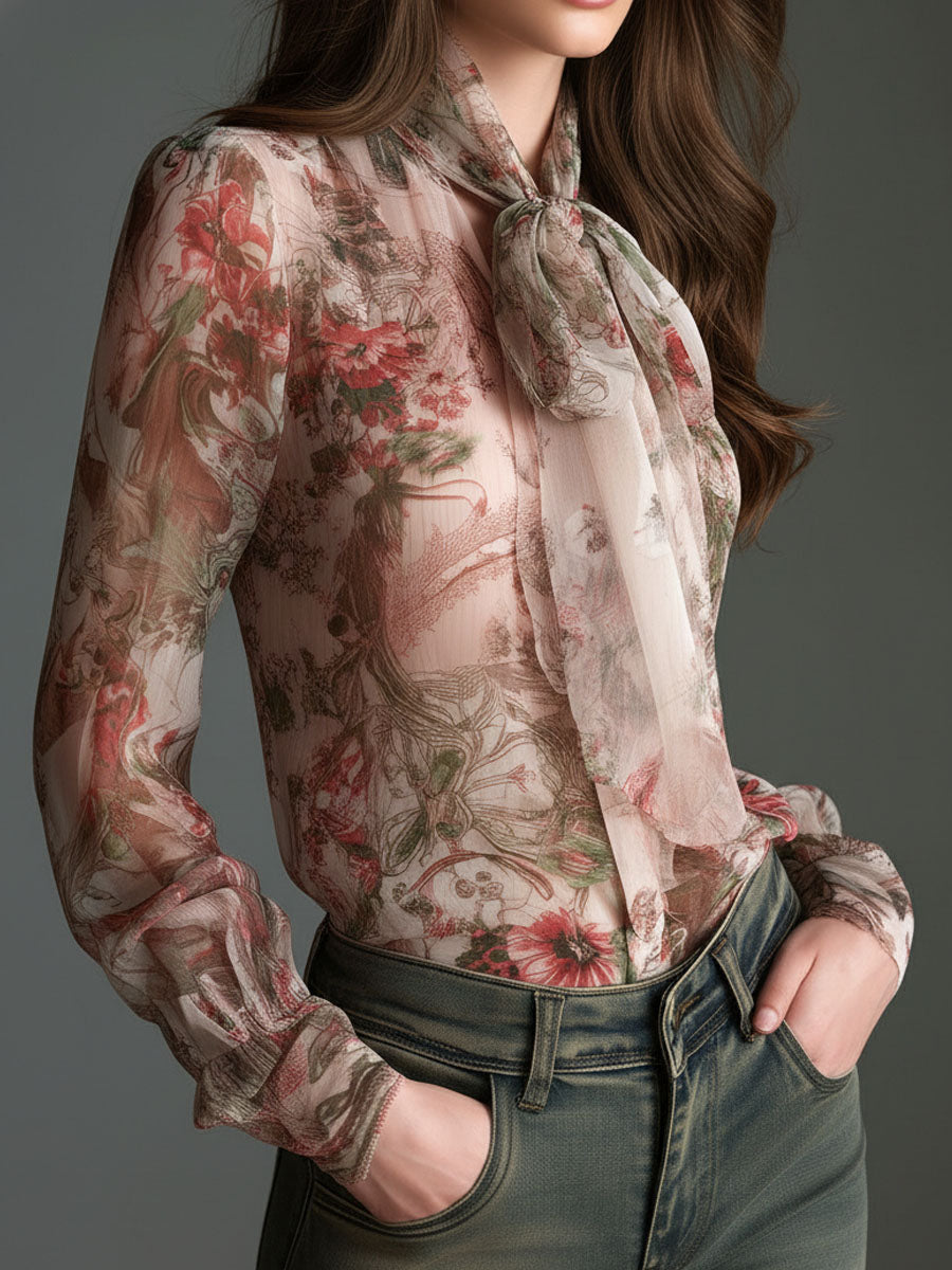Vintage-Inspired Satin Blouse with Floral Design and Bow Detail