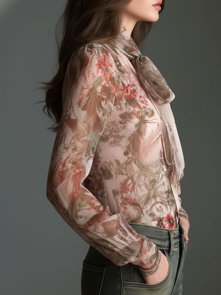 Vintage-Inspired Satin Blouse with Floral Design and Bow Detail