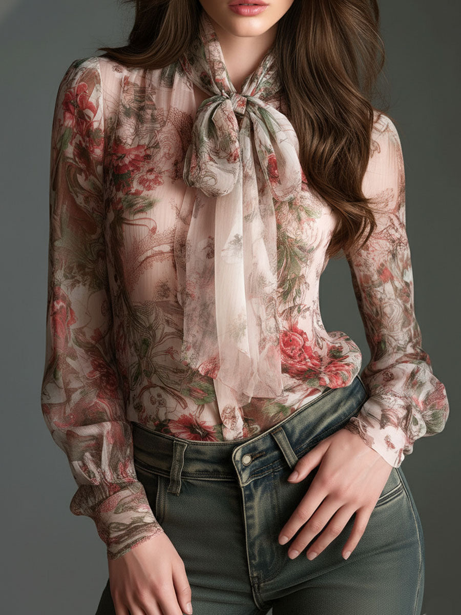 Vintage-Inspired Satin Blouse with Floral Design and Bow Detail