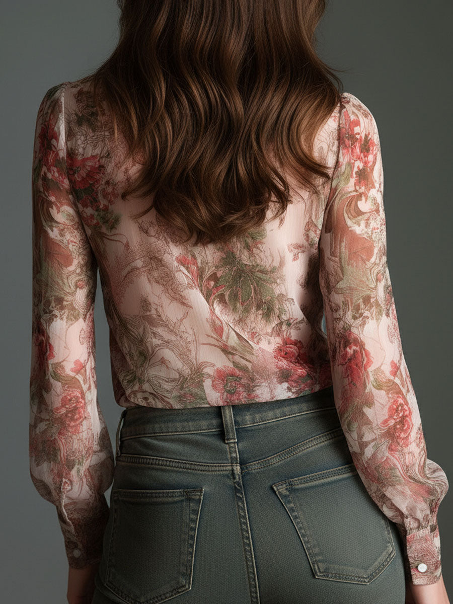 Vintage-Inspired Satin Blouse with Floral Design and Bow Detail