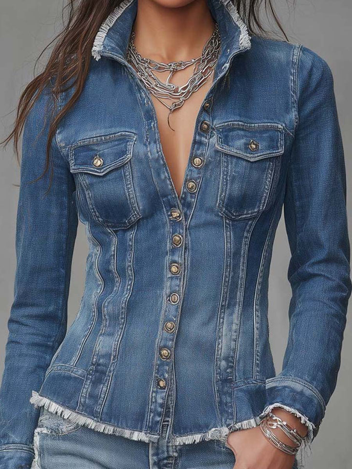 Vintage-Inspired Denim Jacket with Frayed Edges and Button Details