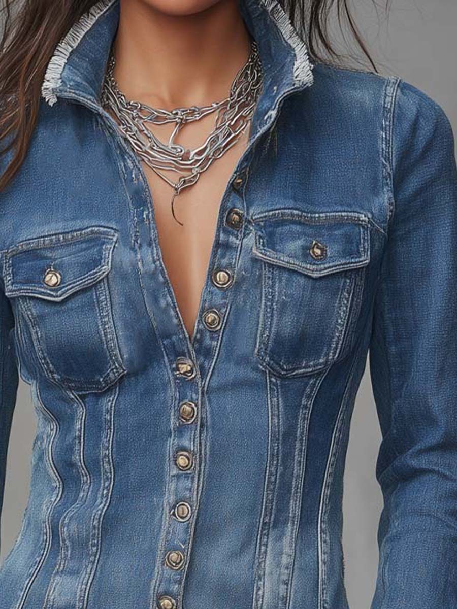 Vintage-Inspired Denim Jacket with Frayed Edges and Button Details