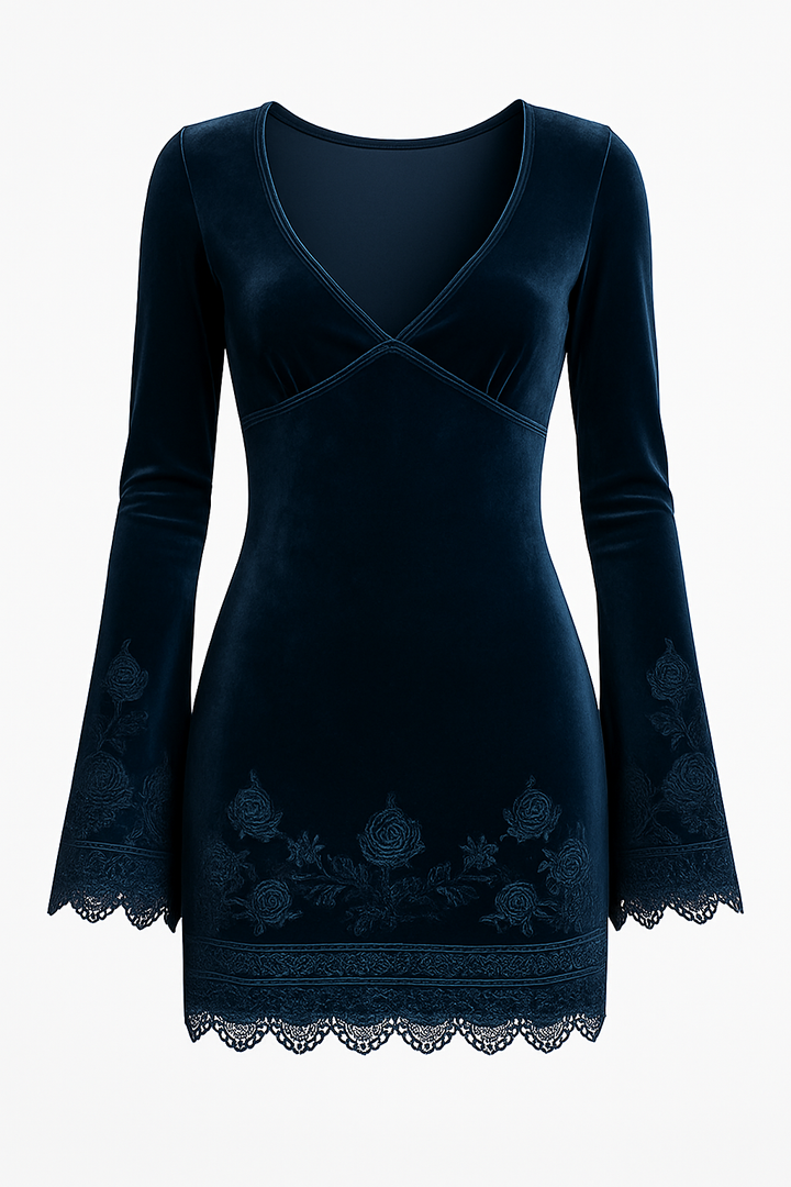 Embroidered Velvet Dress with Buttoned Cuffs