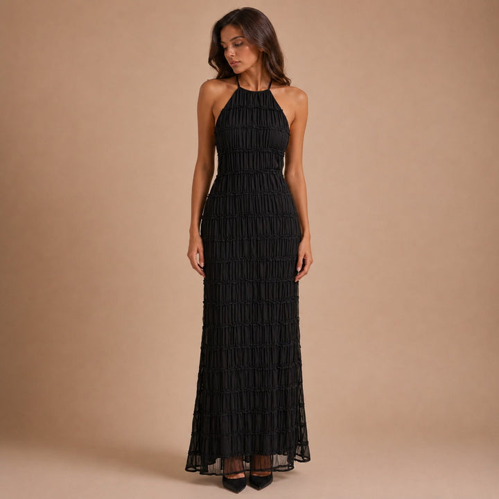 Black Pleated Maxi Dress with Adjustable Straps