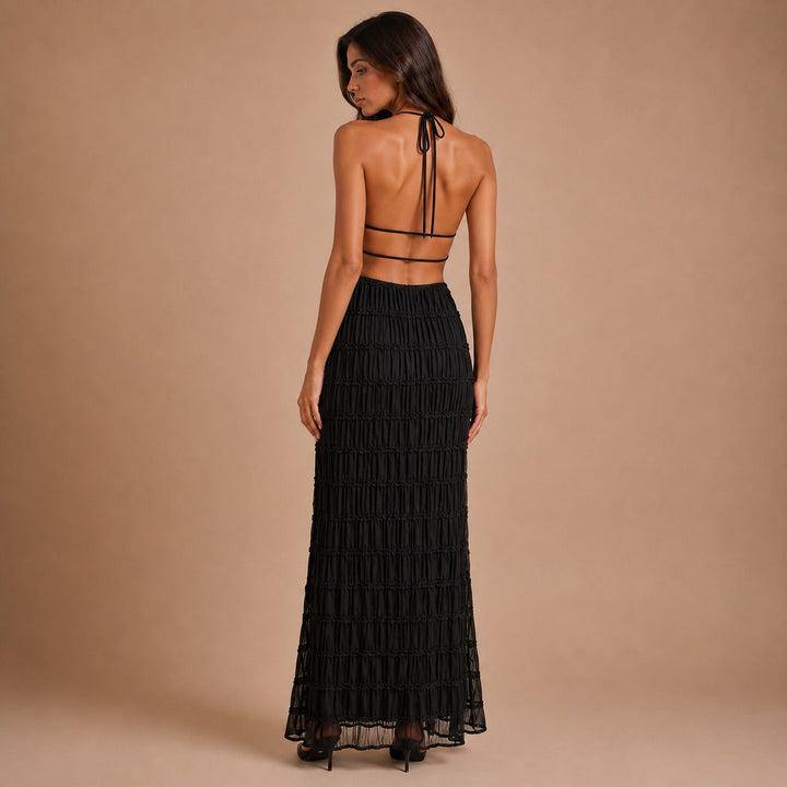Black Pleated Maxi Dress with Adjustable Straps