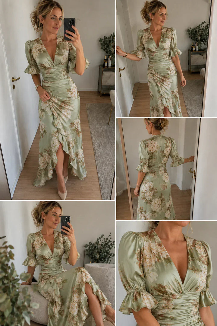 Lucia | Long Asymmetrical Satin Robe with Floral Pattern