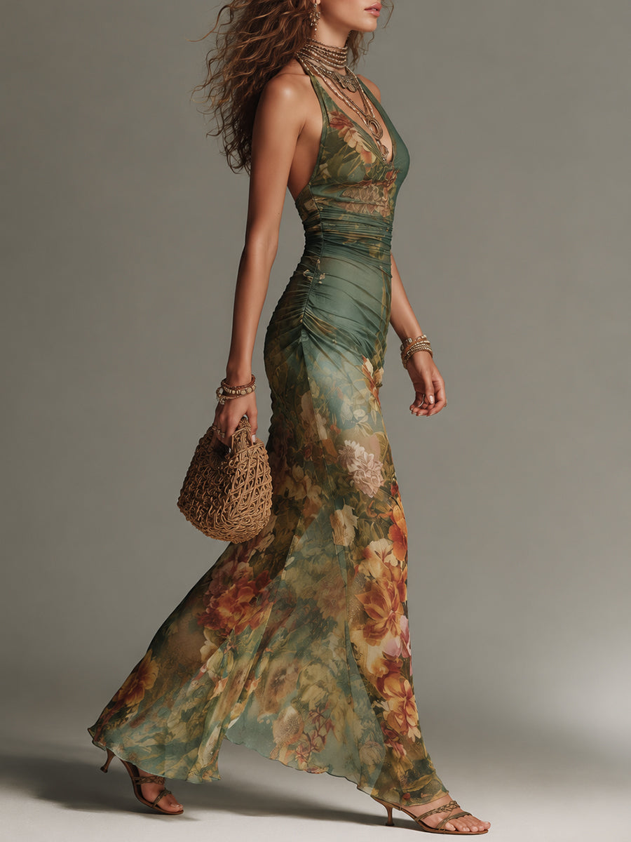 Elegant Maxi Dress with Retro Floral Oil Painting Print