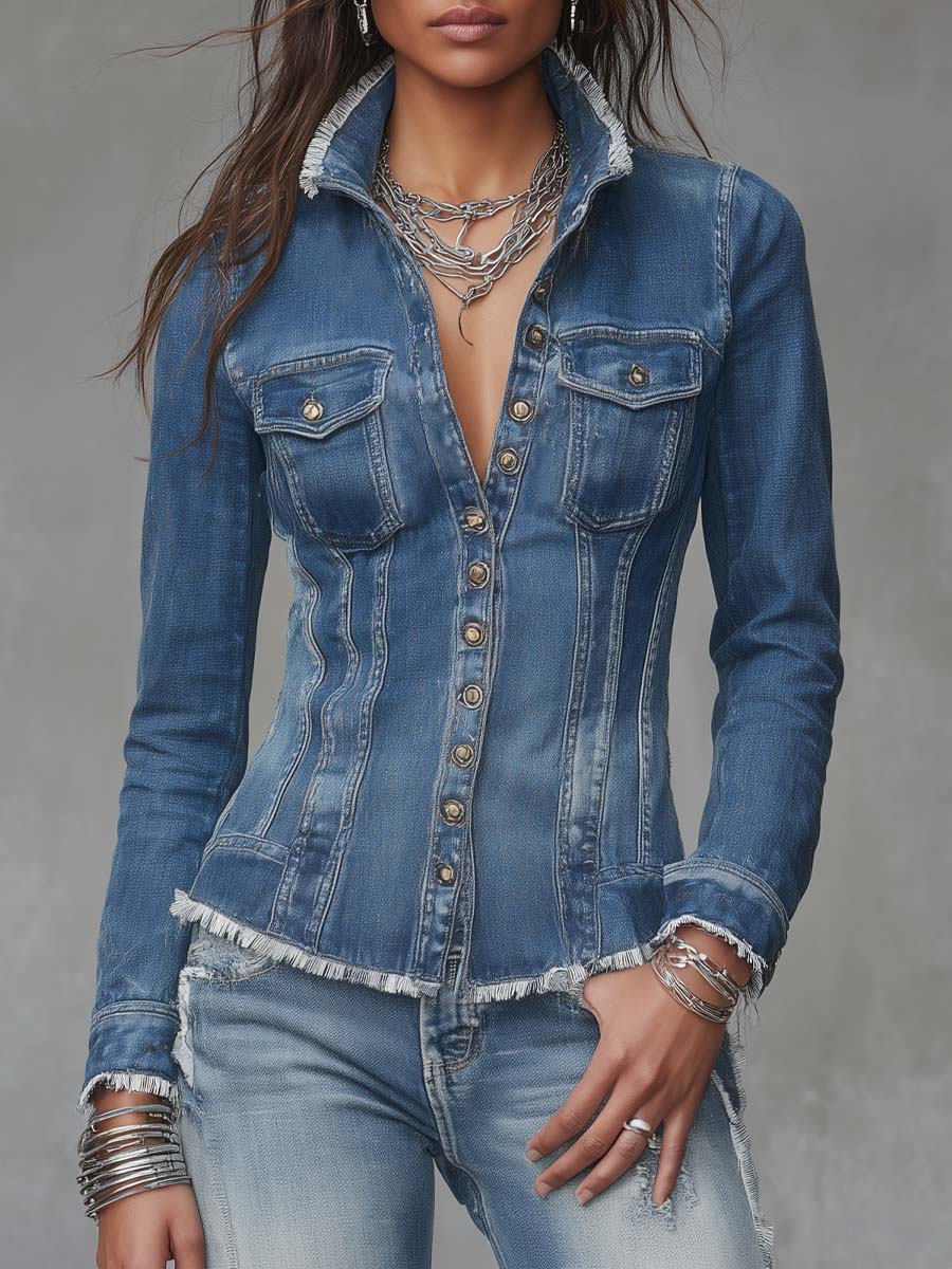 Vintage-Inspired Denim Jacket with Frayed Hem and Button Details