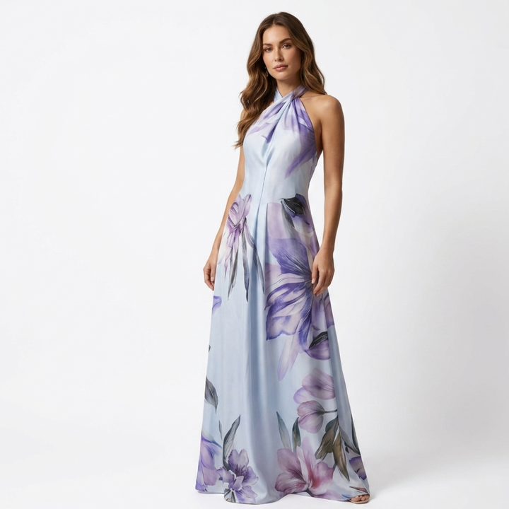 Astreia - Long dress with floral neckline and straps