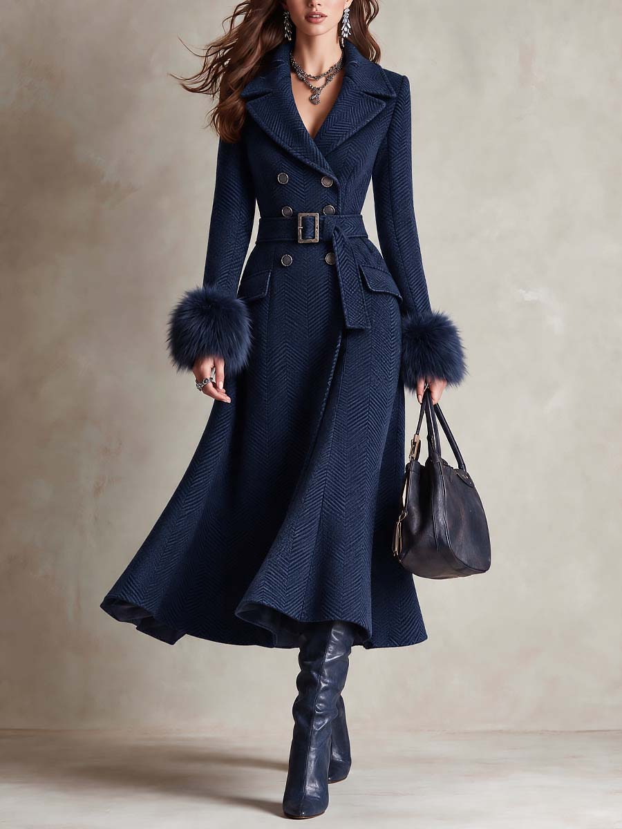 Chic Long Chenille Herringbone Coat with Removable Fur Cuffs